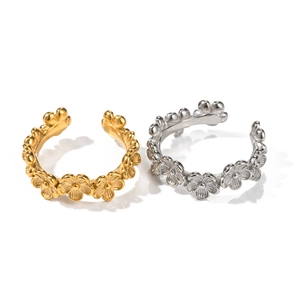 Floral C-shape gold and silver stainless steel ear cuffs with polished finish
