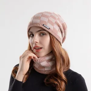 Women's winter warm knit beanie and neck warmer set with pink plaid and fleece lining