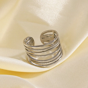 French vintage multi-layer stainless steel open ring with six parallel silver bands