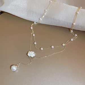 Double Layer Faux Artificial Pearl Necklace With White Camellia Flower Pendant Elegant Gold Plated Alloy Choker For Women