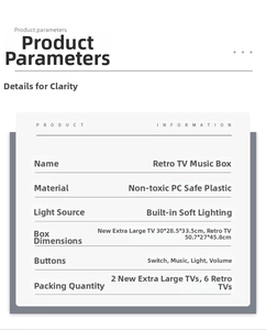 Detailed technical specifications of the retro TV music box with PC plastic material info