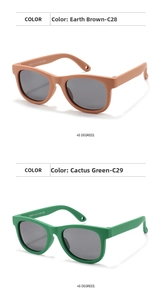 Detail view of matte silicone kids sunglasses in earthy brown and cactus green