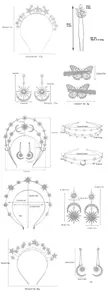 Size chart for silver star and butterfly bridal accessories with specific weights and measurements