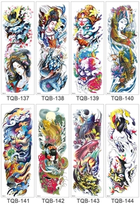 Japanese style temporary full arm tattoos featuring geisha, dragon, and samurai designs