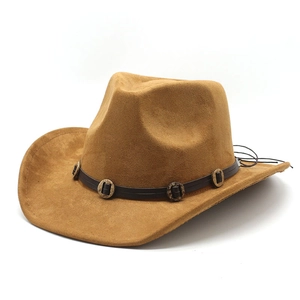 Detailed side view of a brown suede western cowboy hat with vintage brass ring band