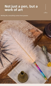 Detail of vintage gradient feather pen with bronze holder and seal on an antique map gift box