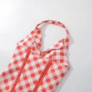 Red plaid halter neck corset top with backless lace-up design in vintage picnic style