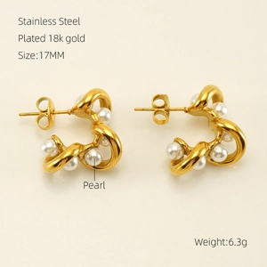 Exaggerated 18k gold plated stainless steel twisted earrings with pearl accents