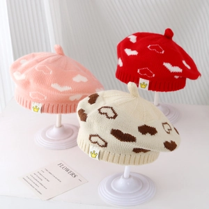 Kids Knitted Beret Hat Heart Pattern Warm Autumn Winter Painter Cap For Baby Girls Sweet Princess Style