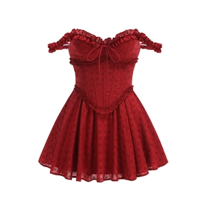 Detail of red off-shoulder mini dress with lace embroidery and front lace-up corset waist