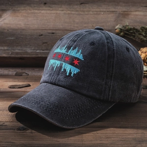 Detailed close-up of embroidered Chicago flag stars on washed dark gray baseball cap