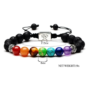 Detail showing 8mm lava stone chakra beads with tree of life charm and size measurements