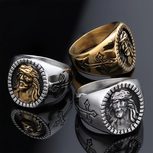Religious Jesus Portrait Relief Ring Stainless Steel Cross Retro Punk Band For Men Women