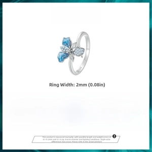Detailed close-up of blue iris flower ring with S925 silver hallmark and 2mm band width