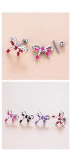 Detail view of colorful bow stud earrings featuring secure screw-back ball closures