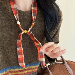 Bohemian ethnic fabric plaid ribbon necklace with colorful resin beads for women