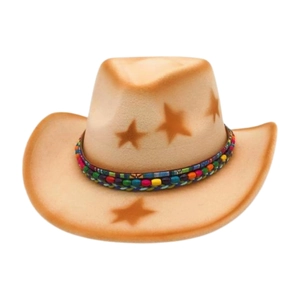 Light brown felt fedora hat with star patterns and colorful bohemian braided band