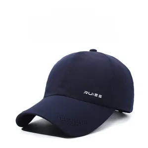 Detail of dark blue baseball cap featuring laser-cut ventilation holes and white logo