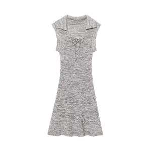Grey and white textured knit sleeveless mini dress with lapel collar and bow tie detail