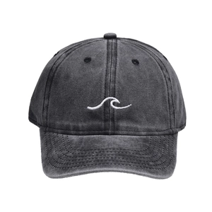 Front view of washed cotton baseball cap in charcoal black with wave embroidery logo