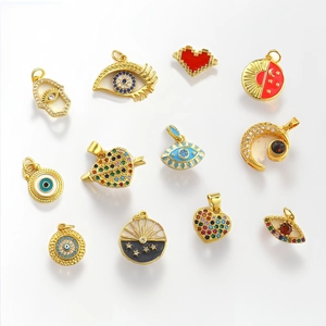 Gold Plated Copper Charms Zircon Evil Eye Hamsa Hand Heart Moon Pendants For DIY Jewelry Making Ethnic Style Craft