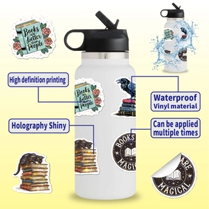 Macro view of waterproof holographic vinyl book stickers on a white water bottle