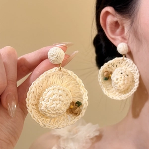 Handmade Woven Straw Hat Stud Earrings With Silver Earring Post Summer Beach Raffia Vacation Style Jewelry For Women