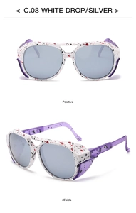 Detailed views of white splatter design sunglasses with silver lenses and purple temples