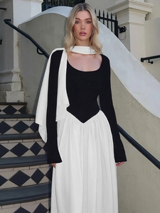 Contrast Patchwork Maxi Dress Black And White Long Sleeve Slash Neck Elegant Polyester Spandex A-Line With Scarf