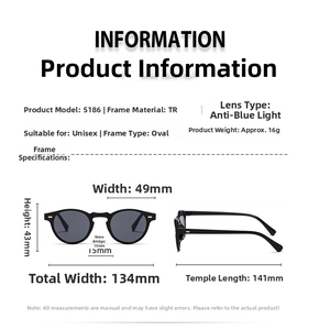Spécifications de taille détaillées pour lunettes rondes en TR avec dimensions du cadre