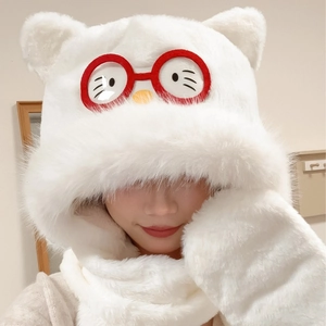 Plush Integrated Hooded Scarf With Cartoon Animal Ears And Glasses Decorative Embroidery Soft Warm Winter Accessory For Women