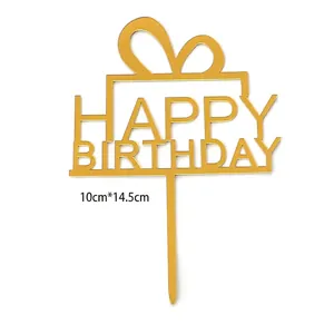 Golden acrylic Happy Birthday cake topper measuring 10x14.5cm, set of 10 pieces pack