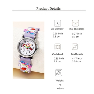 Detailed specs of unicorn quartz watch with purple silicone strap and 3D rainbow charm