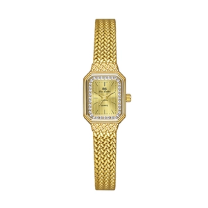 Elegant gold square watch for women with wheat-pattern strap and crystal bezel