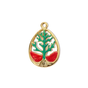 Detailed close-up of a teardrop-shaped gold pendant with green and red enamel Tree of Life