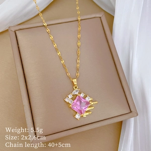 Macro view of gold zircon necklace with pink gemstone showing size and weight details
