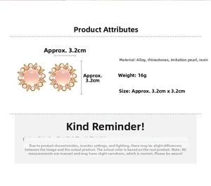 Detailed view of pink resin sunflower earring with pearls and rhinestones size 3.2cm