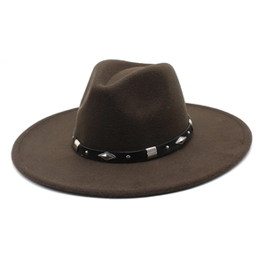 Close-up of dark brown fedora hat with black band featuring silver rivets and metal accents
