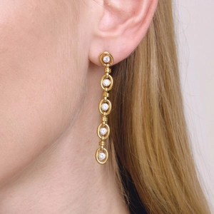 Long gold titanium steel earrings with cubic zirconia and five oval link tassels for women