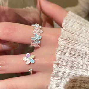 Flower Butterfly Enamel Adjustable Ring Copper Zircon Colorful Sweet Style Women Jewelry Accessories