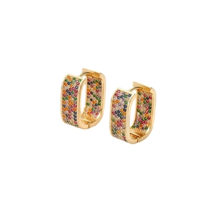 Elegante goldene rechteckige Creolen mit bunten Mikro-Zirkonia im Regenbogen-Design