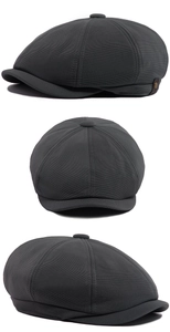 Détails d'une casquette gavroche gris foncé en sergé avec structure à huit panneaux cousus