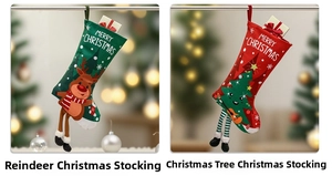 Detail of red and green Christmas stockings with hanging loops and Merry Christmas print