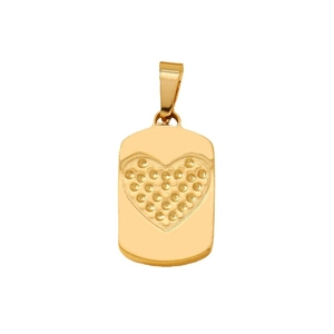 Pendentif cœur et croix en acier inoxydable doré avec texture pointillée sur fond blanc
