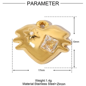 Detail view of heart pendant with star pattern and zircon inlay, size 17mm by 13mm