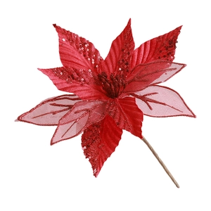 Red 30cm artificial Christmas poinsettia flower with sequins and textured petals