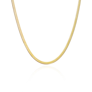Macro shot of 18K gold flat herringbone snake chain necklace with high polish finish