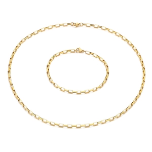 Minimalist gold stainless steel box chain necklace and bracelet jewelry set on white background