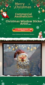Close-up of Santa Claus window sticker with glowing lights and Merry Christmas text