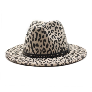 Wide brim leopard print wool fedora hat with studded black leather band detail